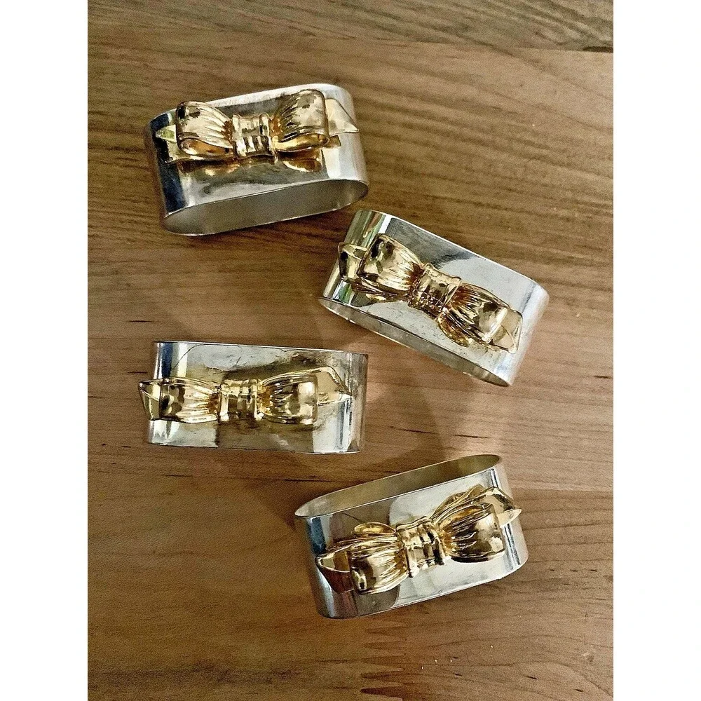 Vintage Regal Quality Silver Plated Napkin Rings Gold Bow Set of 4 Hong Kong